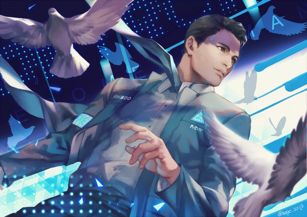 Anime picture 1200x849 with detroit: become human connor (detroit) hage2013 single short hair brown hair signed looking away upper body parted lips black eyes realistic inscription copyright name clothes writing boy uniform animal shirt necktie