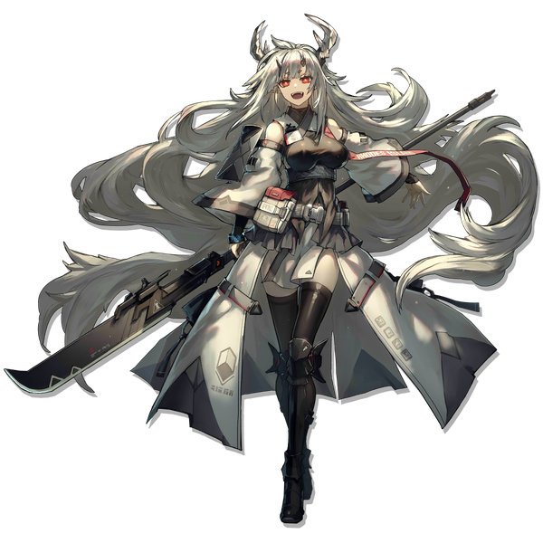 Anime picture 1024x1024 with arknights matoimaru (arknights) ryuuzaki ichi single looking at viewer breasts open mouth red eyes silver hair full body very long hair :d horn (horns) official art outstretched arm transparent background underbust girl thighhighs weapon