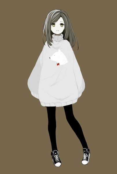 Anime-Bild 1181x1748 mit original sogawa single long hair tall image looking at viewer simple background brown hair standing yellow eyes full body long sleeves parted lips sleeves past wrists brown background girl dress bow pantyhose shoes