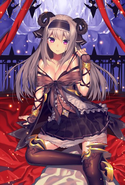 Anime picture 688x1019 with original hullabaloo single long hair tall image looking at viewer smile purple eyes horn (horns) grey hair girl thighhighs dress black thighhighs hairband