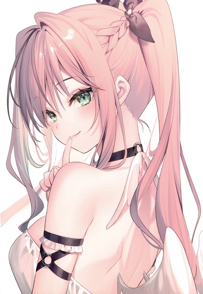 Anime picture 2405x3485 with original riichu single long hair tall image looking at viewer blush fringe highres breasts light erotic simple background smile hair between eyes white background twintails green eyes payot upper body ponytail