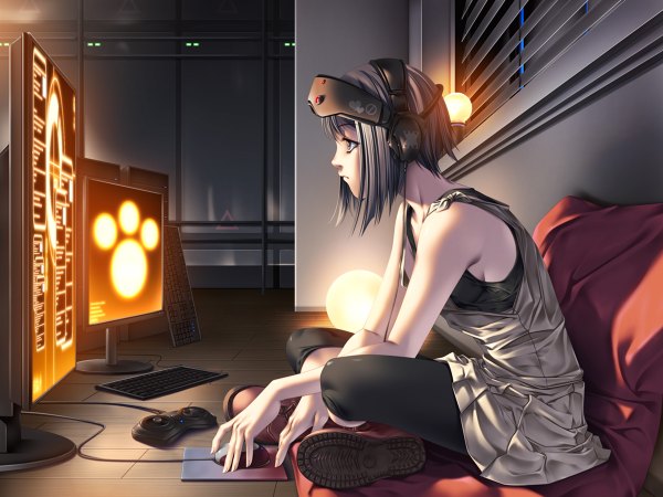 Anime picture 1200x900 with rezi single short hair sitting profile grey hair girl heart headphones hands monitor computer keyboard light bulb
