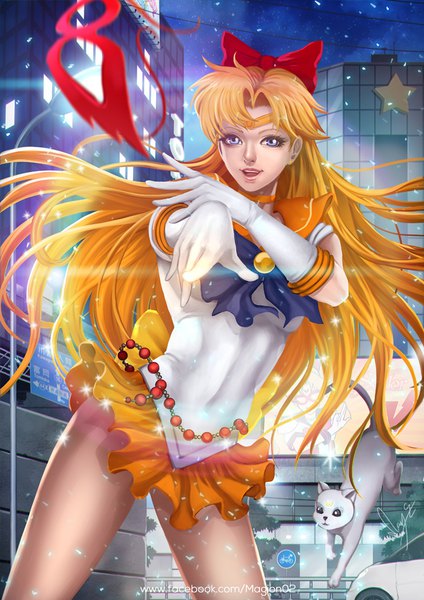 Anime picture 700x990 with bishoujo senshi sailor moon toei animation aino minako sailor venus magion02 single long hair tall image looking at viewer fringe breasts blue eyes light erotic blonde hair standing light smile realistic night sailor collar magical girl