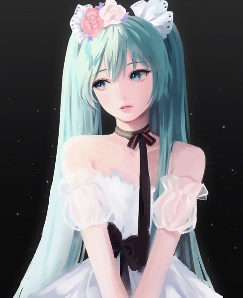 Anime picture 1550x1900 with vocaloid miku with you (vocaloid) hatsune miku take heart7 single long hair tall image fringe blue eyes simple background hair between eyes standing twintails bare shoulders payot looking away parted lips head tilt aqua hair puffy sleeves