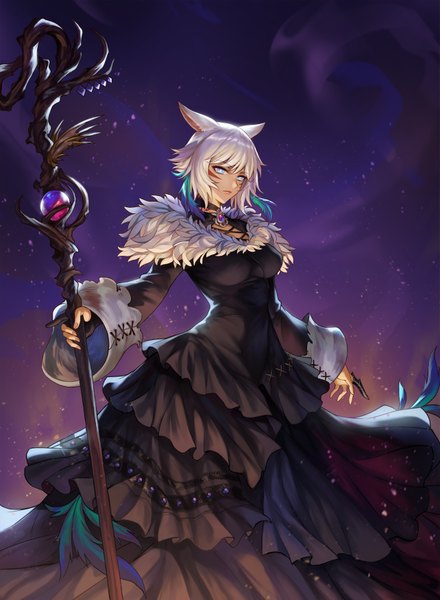 Anime picture 2568x3500 with final fantasy final fantasy xiv square enix miqo'te black mage pengnangehao single tall image looking at viewer fringe highres short hair breasts blue eyes hair between eyes standing holding animal ears silver hair cloud (clouds)