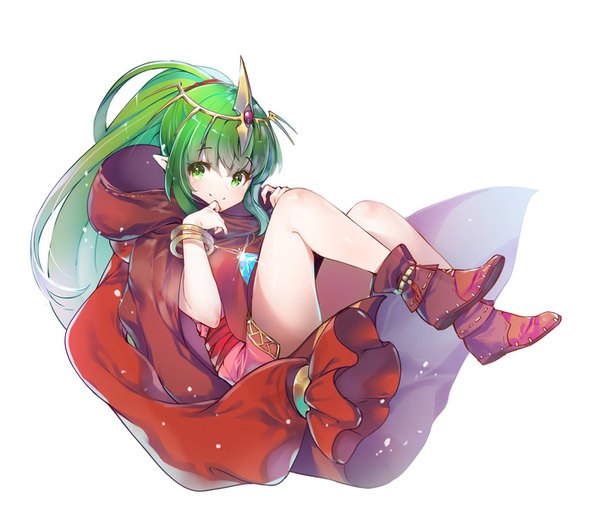 Anime picture 1418x1242 with fire emblem fire emblem heroes fire emblem: mystery of the emblem nintendo tiki (fire emblem) tiki (young) (fire emblem) miwabe sakura single long hair looking at viewer simple background smile white background green eyes full body ponytail green hair sparkle midair girl