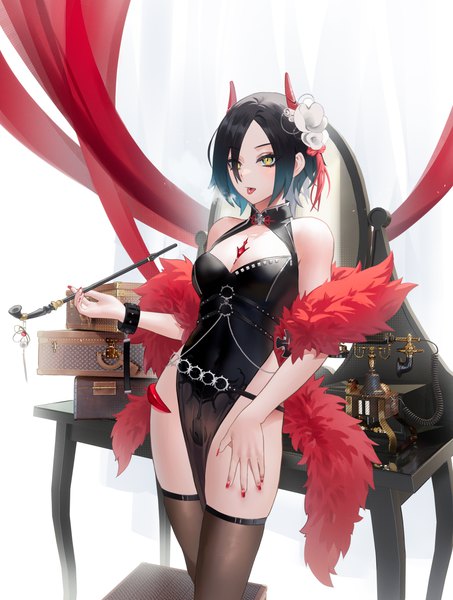 Anime picture 3464x4590 with azur lane ulrich von hutten (azur lane) cirilla single tall image fringe highres short hair breasts light erotic black hair simple background standing white background holding yellow eyes payot looking away absurdres cleavage