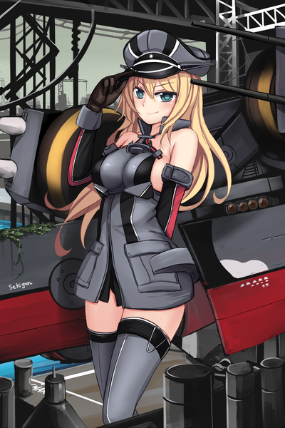 Anime picture 750x1125 with kantai collection bismarck battleship sekigan long hair tall image looking at viewer blush blue eyes blonde hair smile bare shoulders girl thighhighs gloves weapon elbow gloves peaked cap