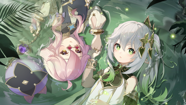 Anime picture 3840x2160 with genshin impact nahida (genshin impact) dori (genshin impact) vuvkhkgi long hair fringe highres short hair hair between eyes wide image multiple girls brown eyes green eyes pink hair absurdres silver hair outdoors pointy ears side ponytail symbol-shaped pupils