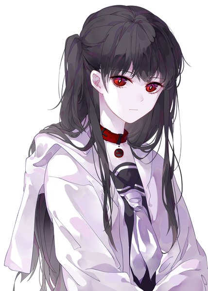 Anime picture 2362x3307 with original kisame (klelloch) single long hair tall image highres black hair simple background red eyes white background upper body open jacket one side up looking down white skin girl uniform serafuku jacket hood