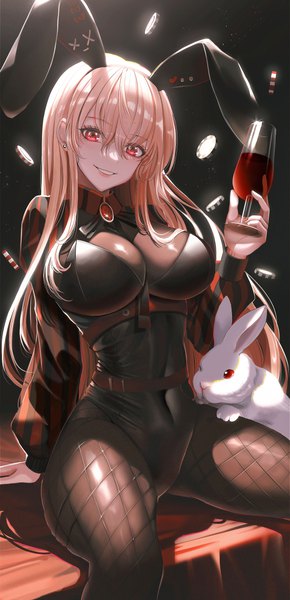 Anime picture 3840x7937 with original libo (724ml) single long hair tall image looking at viewer fringe highres breasts light erotic simple background blonde hair hair between eyes red eyes large breasts sitting animal ears absurdres long sleeves nail polish