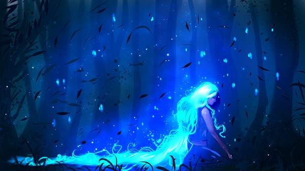 Anime picture 1389x779 with original ryky single wide image sitting blue hair very long hair profile wind night glowing girl plant (plants) tree (trees) leaf (leaves) forest