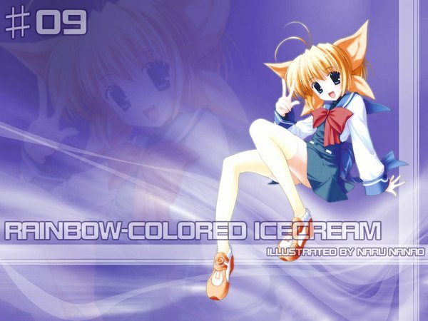 Anime picture 1024x768 with rainbow colored icecream nanao naru blonde hair thighhighs uniform white thighhighs serafuku tagme