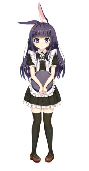 Anime picture 1500x2875 with original hagi (ame hagi) single long hair tall image looking at viewer fringe black hair simple background smile standing white background purple eyes animal ears full body short sleeves maid bunny ears zettai ryouiki puffy sleeves