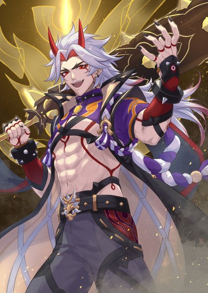 Anime picture 1054x1482 with genshin impact arataki itto u2 (yuniu222) single long hair tall image looking at viewer open mouth red eyes silver hair nail polish :d horn (horns) muscle black nail polish oni horns abs boy weapon belt