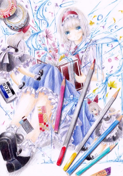 Anime picture 701x1000 with touhou alice margatroid shanghai darkkanan long hair tall image blush fringe short hair blue eyes blonde hair sitting looking away full body blunt bangs light smile traditional media colored pencil (medium) girl flower (flowers)