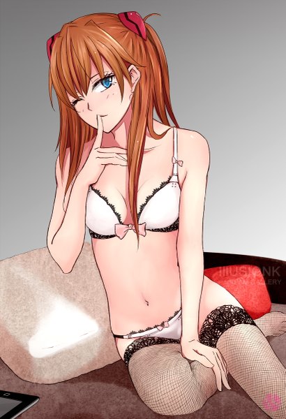 Anime picture 821x1200 with neon genesis evangelion gainax soryu asuka langley illusionk single long hair tall image looking at viewer highres breasts blue eyes light erotic sitting bare shoulders one eye closed wink orange hair underwear only finger to mouth girl