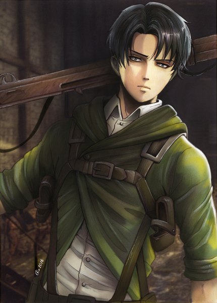 Anime picture 2412x3362 with shingeki no kyojin production i.g levi (rivaille) redwarrior3 single tall image looking at viewer highres short hair black hair signed upper body indoors arm up blurry inscription grey eyes depth of field dated expressionless