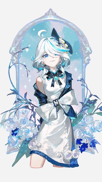 Anime picture 2674x4753 with genshin impact furina (genshin impact) rafaelaaa single tall image looking at viewer fringe highres short hair blue eyes smile standing ahoge white hair hair over one eye alternate costume hands behind back girl dress flower (flowers)