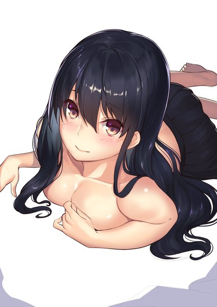 Anime picture 1276x1805 with original kagematsuri single long hair tall image looking at viewer blush fringe breasts light erotic black hair simple background hair between eyes white background bare shoulders brown eyes lying barefoot light smile no bra