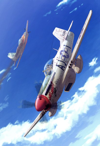 Anime picture 820x1200 with original earasensha tall image sky cloud (clouds) flying battle military war boy aircraft airplane p-51