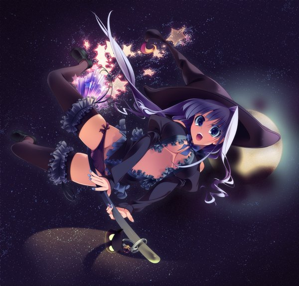 Anime picture 1600x1529 with original dragonmaterial single long hair breasts open mouth blue eyes light erotic blue hair witch girl thighhighs underwear panties black thighhighs frills star (symbol) moon star (stars) witch hat