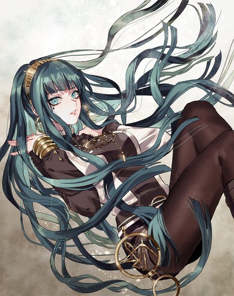 Anime picture 800x1013 with fate (series) fate/grand order cleopatra (fate/grand order) yantou828 single tall image looking at viewer fringe blunt bangs very long hair parted lips aqua eyes aqua hair floating hair adjusting hair midair girl earrings pantyhose black pantyhose