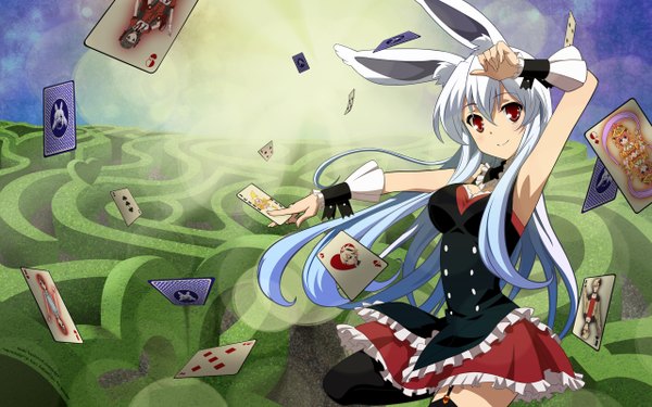 Anime picture 2560x1600 with mondaiji-tachi ga isekai kara kuru sou desu yo? kurousagi (mondaiji) single long hair looking at viewer highres smile red eyes wide image animal ears blue hair bunny ears bunny girl girl thighhighs dress black thighhighs card (cards)