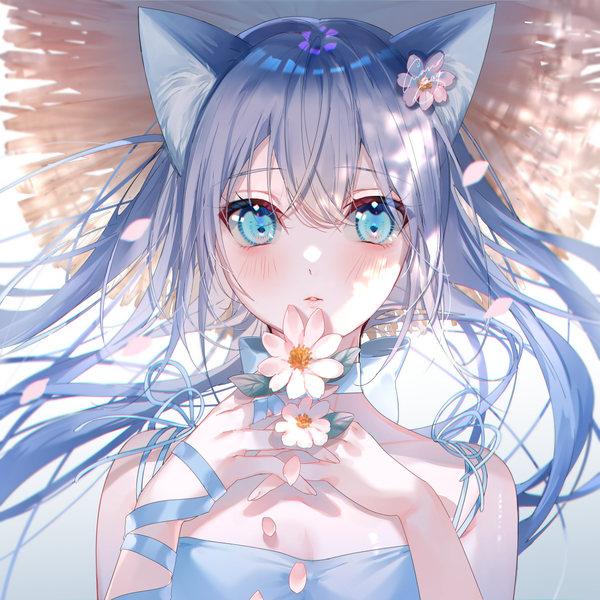 Anime picture 1250x1250 with original miwano rag single long hair looking at viewer blush fringe blue eyes hair between eyes signed animal ears silver hair upper body parted lips hair flower wind cat ears arms up cat girl girl