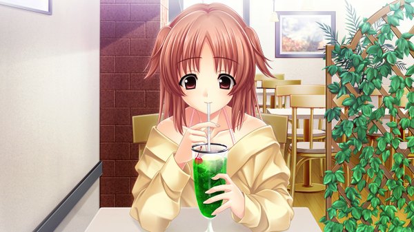 Anime picture 1280x720 with morobito kozorite (game) long hair red eyes brown hair wide image game cg girl food berry (berries) cherry