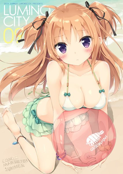 Anime picture 637x900 with original tachibana karen kani biimu single long hair tall image looking at viewer blush breasts light erotic blonde hair purple eyes twintails ahoge barefoot from above beach wrist scrunchie 2014 girl