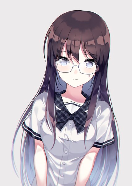 Anime picture 1000x1400 with original mechuragi single long hair tall image looking at viewer blush fringe blue eyes simple background brown hair blurry grey background sweat sweatdrop girl uniform ribbon (ribbons) glasses