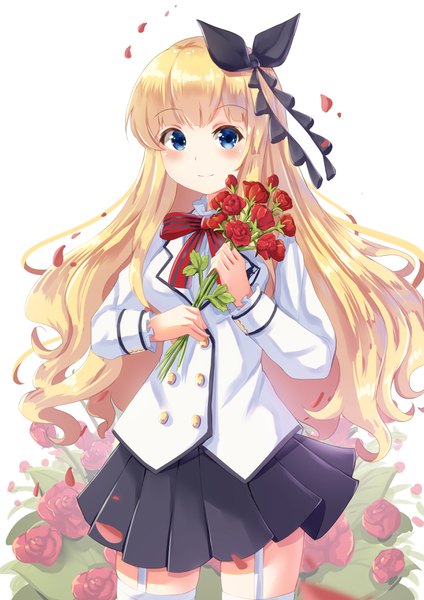 Anime picture 2480x3508 with kishuku gakkou no juliet lidenfilms juliet persia holmemee single long hair tall image looking at viewer blush fringe highres blue eyes simple background blonde hair standing white background holding blunt bangs light smile double buttons