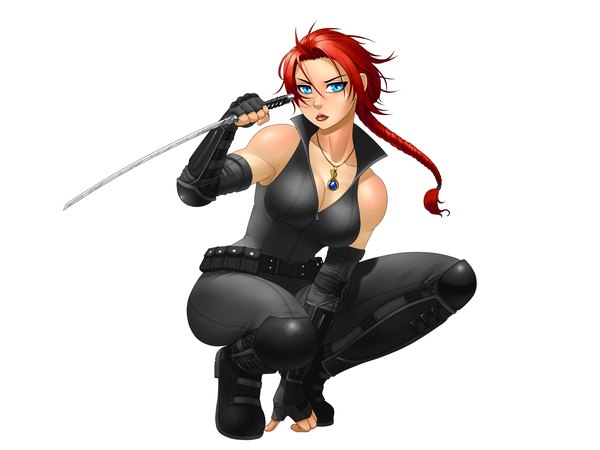 Anime picture 4000x3000 with ronin dude (ray cornwell) single long hair looking at viewer highres breasts blue eyes simple background white background absurdres red hair lips girl gloves weapon pendant