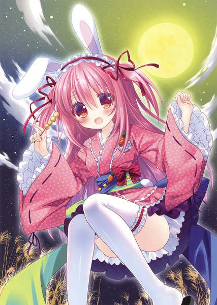 Anime picture 2494x3500 with original aono ribbon single long hair tall image looking at viewer blush fringe highres open mouth light erotic hair between eyes red eyes animal ears pink hair sky cloud (clouds) traditional clothes japanese clothes scan