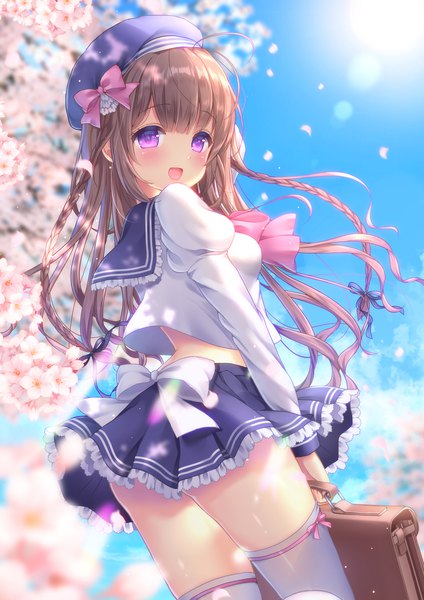 Anime picture 1500x2121 with original yuyuko (yuyucocco) single long hair tall image looking at viewer blush fringe open mouth light erotic smile brown hair standing purple eyes holding payot sky cloud (clouds) ahoge outdoors