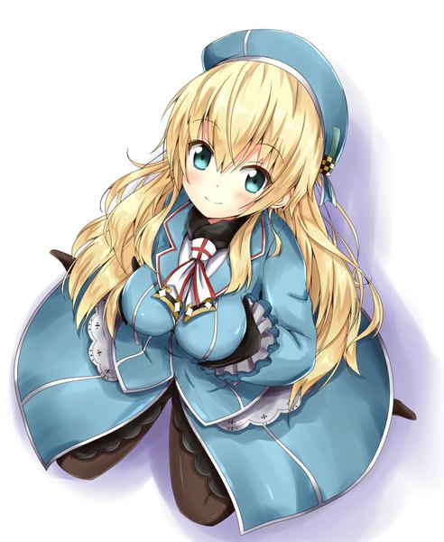 Anime picture 820x1000 with kantai collection atago heavy cruiser aikawa ryou single long hair tall image looking at viewer blush breasts light erotic blonde hair smile sitting aqua eyes from above looking up breast hold girl dress gloves