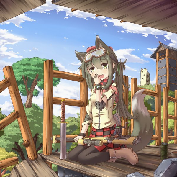 Anime picture 1080x1080 with original hinbackc single long hair fringe open mouth hair between eyes sitting green eyes animal ears looking away sky cloud (clouds) full body ponytail tail animal tail pleated skirt wide sleeves short sleeves