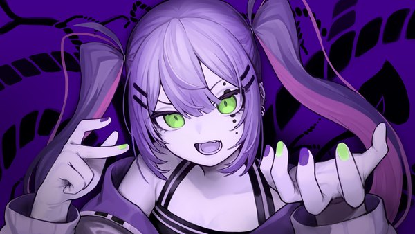 Anime picture 2304x1296 with virtual youtuber hololive bocca della verita (song) tokoyami towa seramikku single long hair looking at viewer fringe highres open mouth hair between eyes wide image twintails green eyes purple hair upper body nail polish :d multicolored nail polish