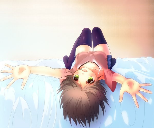 Anime picture 1200x1000 with original hizumi (hizumi398) single looking at viewer blush fringe short hair breasts open mouth smile brown hair green eyes full body indoors lying short sleeves on back no shoes zettai ryouiki happy