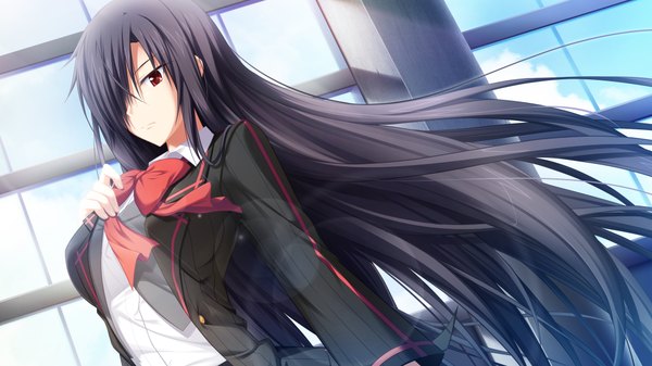 Anime picture 1024x576 with soukoku no arterial long hair fringe black hair red eyes wide image game cg hair over one eye girl uniform school uniform bowtie