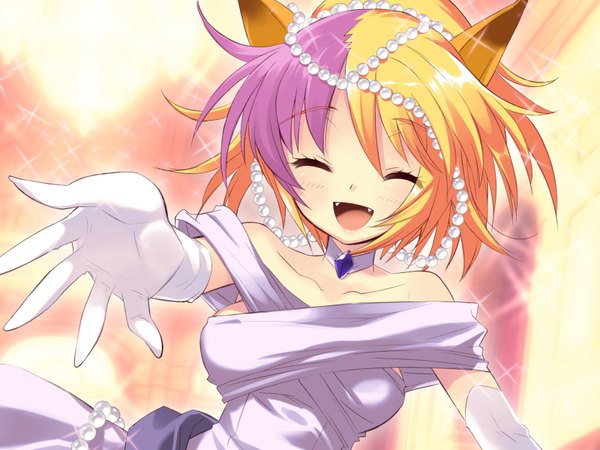 Anime picture 1600x1200 with alice parade kimagure neko itou noiji single blush short hair open mouth blonde hair bare shoulders animal ears pink hair game cg ponytail eyes closed multicolored hair cat ears two-tone hair teeth fang (fangs) girl
