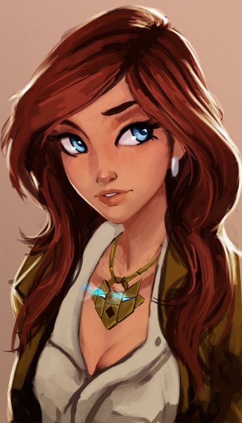 Anime picture 800x1392 with indiana jones and the fate of atlantis (game) sophia hapgood carlos eduardo single long hair tall image blue eyes brown hair lips girl earrings choker clothes
