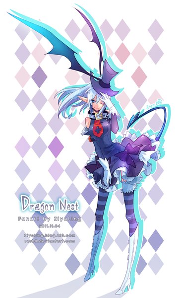 Anime picture 1000x1660 with dragon nest archer (dragon nest) ziyoling single long hair tall image blue eyes smile blue hair one eye closed pointy ears wink girl thighhighs dress bow hat striped thighhighs
