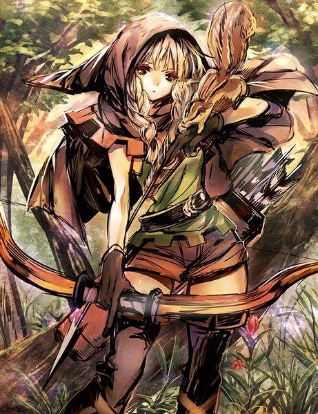 Anime picture 689x896 with dragon's crown vanillaware elf (dragon's crown) madogawa single long hair tall image looking at viewer blonde hair standing brown eyes braid (braids) sunlight twin braids outstretched arm girl thighhighs gloves weapon black thighhighs