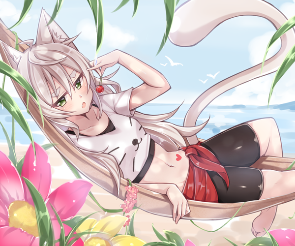 Anime picture 840x700 with original rikura (jiino) jiino single long hair tall image looking at viewer blush fringe open mouth simple background hair between eyes white background green eyes animal ears payot sky silver hair ahoge bent knee (knees)