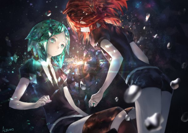 Anime picture 2263x1600 with houseki no kuni phosphophyllite cinnabar (houseki no kuni) azomo highres short hair red eyes green eyes signed red hair green hair puffy sleeves androgynous spoilers necktie shorts short shorts mercury