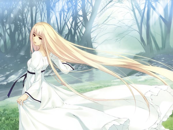 Anime-Bild 2048x1536 mit caucasus nanatsuki shion sugina miki fringe highres open mouth blonde hair brown eyes very long hair head tilt :d looking back wind sunlight wide sleeves sunbeam bare tree river girl dress