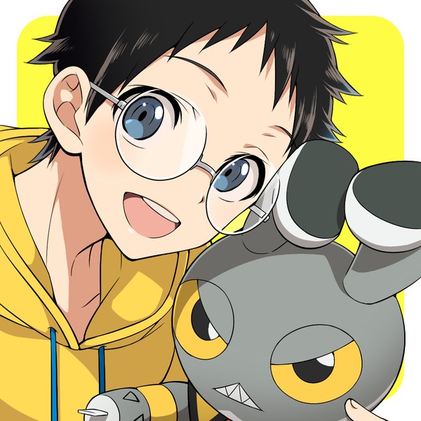 Anime picture 1000x1000 with yowamushi pedal onoda sakamichi natsuko (bluecandy) single looking at viewer blush short hair open mouth blue eyes black hair simple background border outside border yellow background boy glasses hood toy stuffed animal hoodie