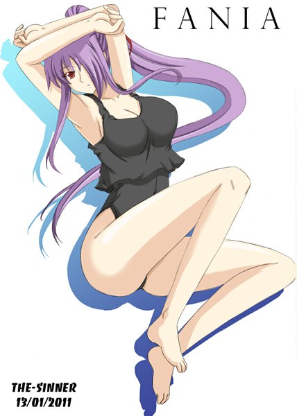 Anime picture 800x1120 with original fania (original) the-sinner single long hair tall image fringe light erotic simple background red eyes white background purple hair ponytail hair over one eye inscription armpit (armpits) legs girl